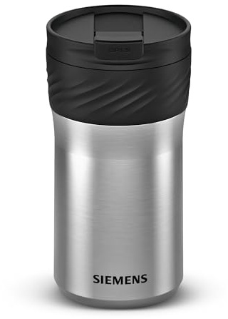 Siemens Thermobecher 480 ml, doppelt isolierter To-Go-Becher für heiße oder kalte Getränke, auslaufsicher, spülmaschinenfest, kompatibel mit der Siemens iAroma Serie, Edelstahl/Schwarz, TZ40002