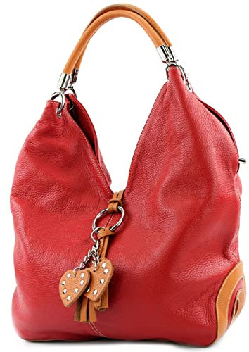 modamoda de 330 Damen Leder Nappaleder Wildleder Schultertasche Henkeltasche groß handmade in Italy, Farbe:Rot/Camel