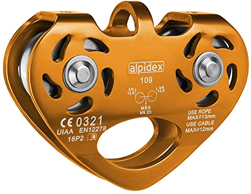 ALPIDEX Seilrolle Tandem Pulley Umlenkrolle Doppelseilrolle - geeignet für Stahlseile 8-12 mm Ø und Textilseile bis 13 mm Ø, Farbe:orange
