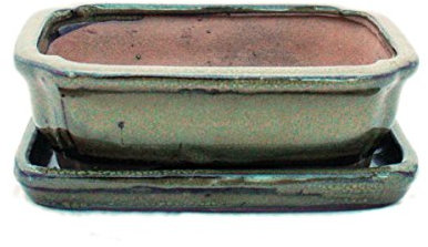 exotenherz - Bonsai-Schale mit Unterteller Gr. 2 - Oliv-Braun - eckig - Modell G12 - L 15,5cm - B 11,5cm - H 4,5cm