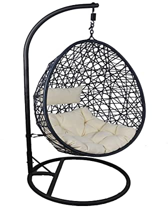 spot on dealz® Hanging Egg Chair Outdoor With Cushion for Adults Garden Swing Chair Hammock Stand Indoor Bedroom Chairs PE Rattan Effect & Metal Frame Black Flat pack