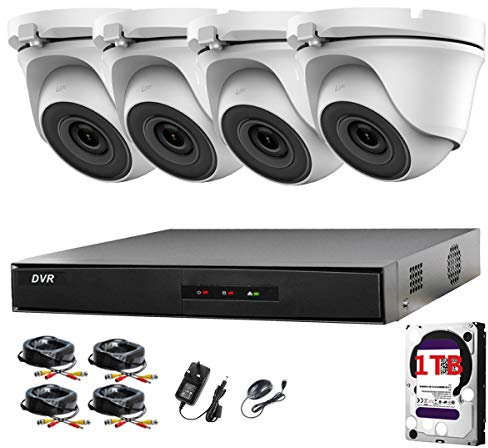 HIKVISION Hiwatch Kit de vidéosurveillance DVR 4 canaux avec système de sécurité et 4 caméras dôme HIKVISION HIWATCH étanches Blanc 20 m Vision nocturne Easy P2P Disque dur 1 To