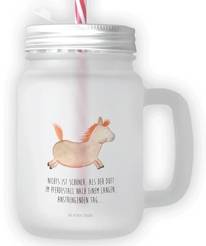 Mr. & Mrs. Panda Trinkglas Mason Jar Pferd Springen - Geschenk, Landwirtin, Landwirt, Pony, Henkelglas, Schraubdeckel Glas, Satiniertes Glas,
