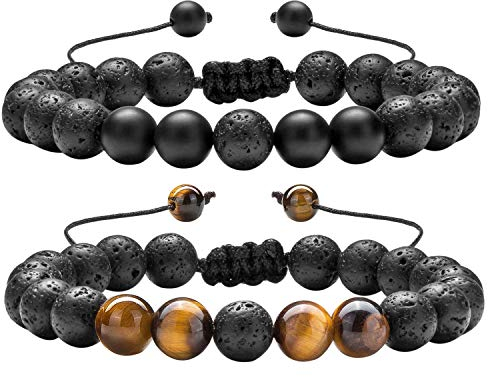 Flongo Lava Energiearmband Yoga Armband Wickelarmband Partnerarmbänder BFF Armband Freundschaftsarmband für 2 Aroma Aromatherapie Rosenkranz Healing Reiki Lavastein für Herren Damen verstellbar