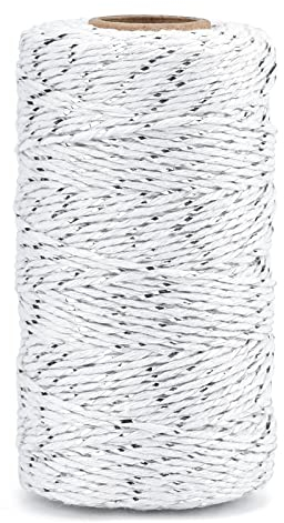 G2PLUS 100M Ficelle Corde Blanche Coton avec Fil d'argent,Ficelle Bakers Twine combinée or - Emballage de cadeaux pour Décoration, Loisirs Créatifs,Noël