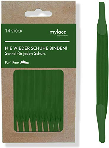 MYLACE - Schnürsenkel ohne binden - 14 Senkel für 1 Paar - nachhaltig verpackt - nie wieder Schuhe binden (Cool Racing Green)
