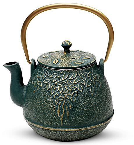 Tea Kettle, TOPTIER Japanese Cast Iron Tea Kettle with Infuser, Leaf Design Cast Iron Teapot Stovetop Safe Coated with Enameled Interior for 32 Ounce (950 ml), Dark Green
