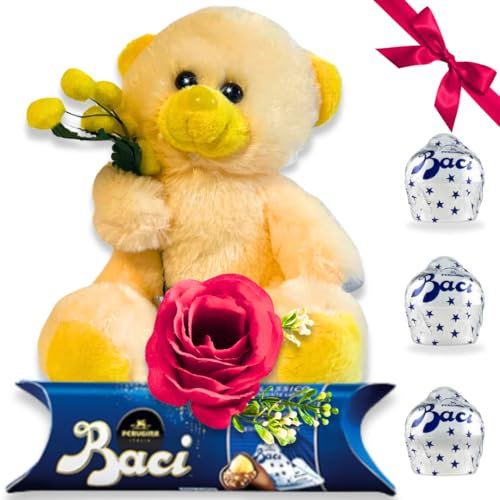 B&P Baci Perugina Regalo Uomo - Donna - Tubo Baci Perugina Classico 37,5 + Orsacchiotto - Rosa Artificiale Fuxia - Compleanno
