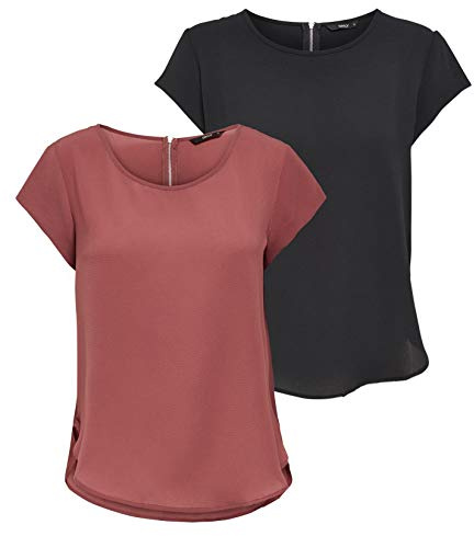 Women's ONLVIC S/S Solid 2 Pack TOP WVN, Black/Apple Butter, 38 (EU) / 10 (UK)