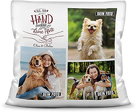 Kissen mit Füllung - Fotocollage - Hand gesucht, Pfote gefunden - Hundecollage - mit DREI Fotos und Wunschtext selbst gestalten Weiß, 40 x 40 cm