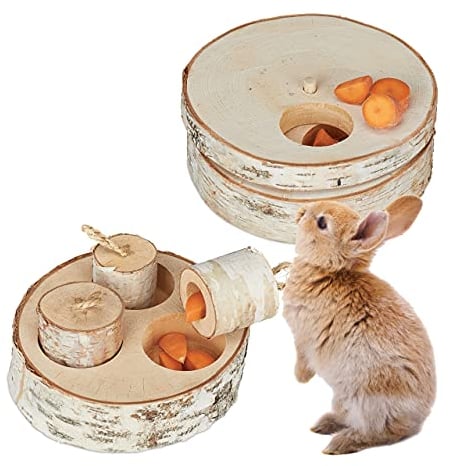 Relaxdays Kaninchen Spielzeug, 2 TLG. Set, Intelligenzspielzeug, Holz, Beschäftigung Hasen & Meerschweinchen, Natur