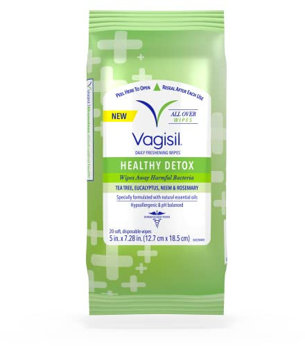 Vagisil Healthy Detox Wipes, for All Over Cleaning, Formulated with Essential Oils, 20 Wipes in a Re-Sealable Pouch