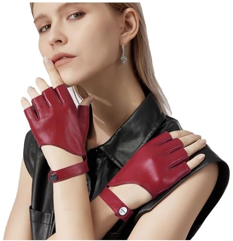 GSG Damen Fingerlose Lederhandschuhe zum Autofahren Ungefütterte Schaffell Halbfinger Handschuhe aus echtem Leder Rot X-Large