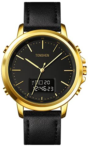 TONSHEN Herrenuhr Digitaluhr Fashion Analog Quarz Uhren Sportuhr LED Elektronik Double Zeit Alarm Datum Casual Multifunktion Armbanduhr Edelstahl Lünette mit Leder Band