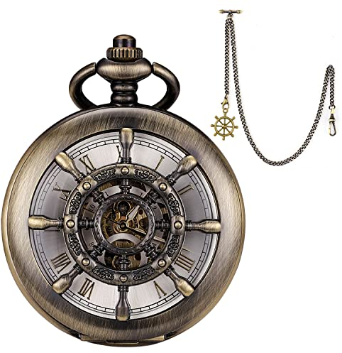 SIBOSUN Mechanische Taschenuhr für Herren, antike Taschenuhr mit Kette, Steampunk-Skelett, Herren-Taschenuhren mit Geschenkbox, 3.1 Ruder Bronze und Kette