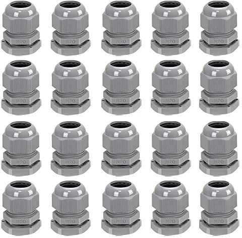 20 Pack M20 20mm IP68 Waterproof Nylon Cable Glands, Suitable for 6mm - 12mm Cables (Grey)