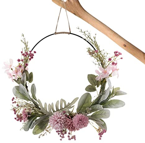 GIMOCOOL Frühling Sommer Türkranz, Türkränze, Türkranz Dekoration, Frühling Sommer Kranz für Haustür Outdoor, Rosa Lila Orchidee Chrysanthemen Löwenzahn Gypsophila Hoop Kranz