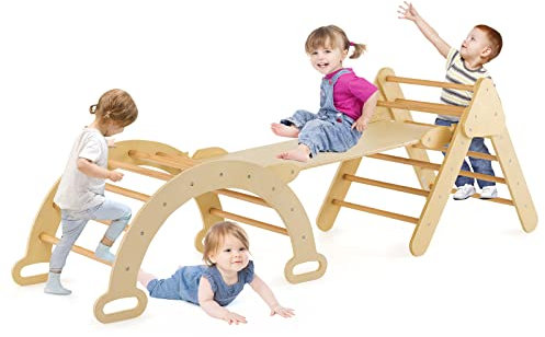 GYMAX 3 in 1 Kids Climbing Set, Wooden Toddler Climber with Reversible Ramp and Arch, Outdoor Indoor Climbing Frame for 1 Years Old + Boys Girls (Natural)
