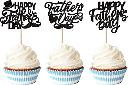 24 Stück Happy Father's Day Tortendeko Glitzer Best Dad Cupcake Toppers Love Dad Moustache Hat Kuchen Deko für Father's Day Thema Party Männer Geburtstag Party Tortendekoration Schwarz