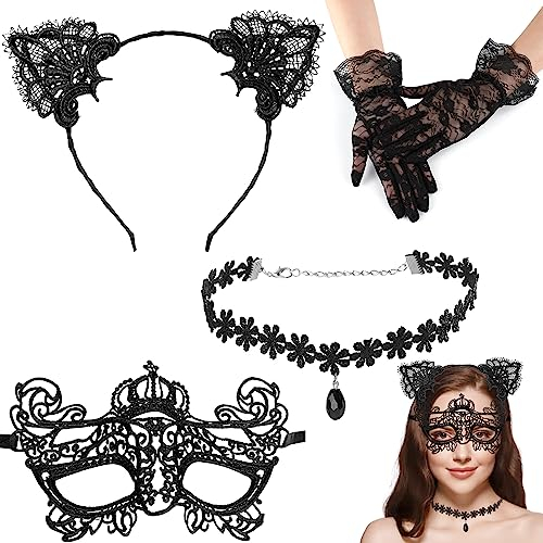 Shinybox Damen Spitze Augenmaske Kit, 4 Stück Haarreifen mit Ohren, Spitzenmaske Set und Spitzenhalskette, Spitzen Handschuhe, Maskenspie Kopfband Kostüm Accessories für Halloween Fasching Karneval(B)