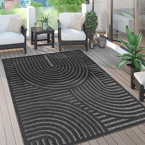 Paco Home Outdoor Teppich wetterfest & langlebig Moderne Boho-Designs mit 3D-Effekt Skandi-Look UV-beständig & robust für Balkon, Garten, Wohnzimmer & Küche, Grösse:200 cm Rund, Farbe:Anthrazit 4
