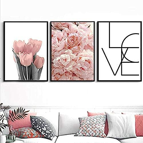 HTWLMM Leinwand Bilder Nordische Rosa Pfingstrose Rosen Blumen Malerei Poster Kunstdruck für Wohnzimmer Schlafzimmer Wandbilder Deko Rahmenlos (3X40X60CM)