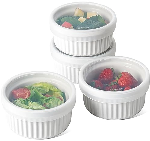 LE TAUCI Cocotte da Forno Monoporzione con coperchi in silicone, 4 X 350 ml Creme Brulee e Soufflé, Pirottini impilabili in Ceramica per Forno, Cottura, Salse, Panna, Gelato, Set di 4, Bianco