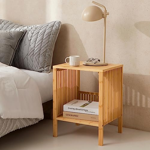 [en.casa] Table d'Appoint avec Espace de Rangement Table de Chevet Stylée Bout de Canapé au Design Scandinave Petite Table Basse Bambou pour Salon Chambre 50 x 39 x 33 cm Naturel