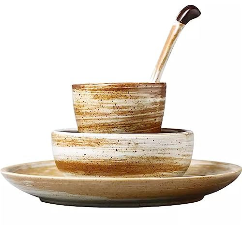 Meiiron Rundes Geschirrset aus Steingut mit reaktiver Glasur, 4-teilig, bestehend aus Speiseteller, Schüssel, Tasse, Löffel, rustikales Vintage-Design – braunes Set