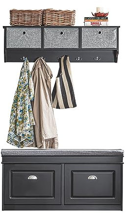SoBuy Set de Banc de Rangement avec Coussin Rembourré, 2 abattants + Meuble d'Entrée Portemanteau Mural 3 Tiroirs, Noir, FSR64-SCH + FRG282-SCH