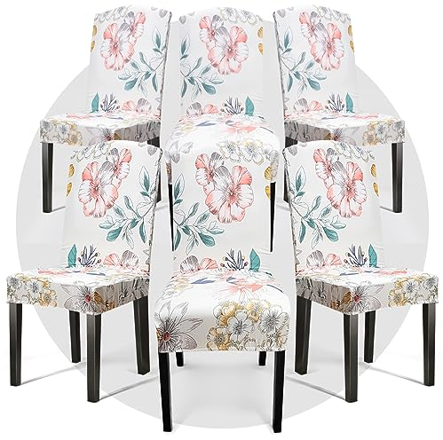 OSVAW Stuhlhussen für Esszimmerstühle, 2/4/6 Stück, für Küchenstuhl, Parsons, Stuhlhussen, abnehmbar, waschbar (6, Beige Floral-Bin)