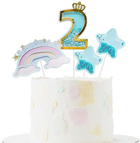 4PCS 2nd Birthday Cake Toppers Rainbow Little Stars for Birthday Party Wedding Anniversary Baby Shower Decoration (bule)