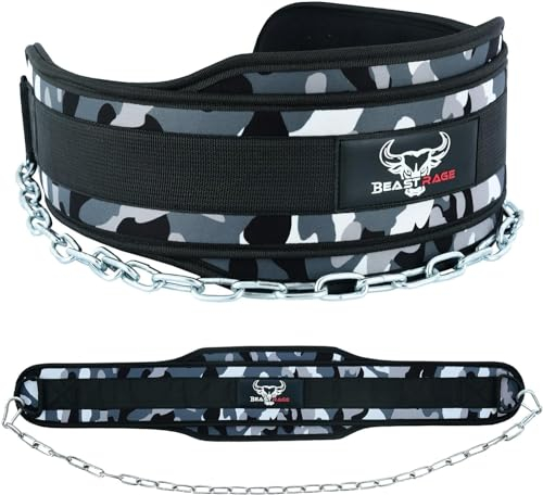 BEAST RAGE Dip-Gürtel Gewichthebergürtel mit robuster Beanspruchung, 91,4 cm, verstellbare Stahlkette, gepolstert, Neopren, Gymnastikgürtel, Rückenstütze, Herren, Damen, Fitness (Tarnfarbe)
