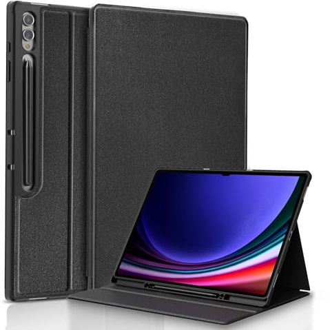 SS·GRGB Hülle für Samsung Tab S10 Ultra/S9 Ultra, S Pen Halter, Schwarz | PU-Leder außen, flexible TPU-Rückschale, mehrere Standwinkel, Auto Wake/Sleep, Magnetladen und präzise Ausschnitte, stoßfest