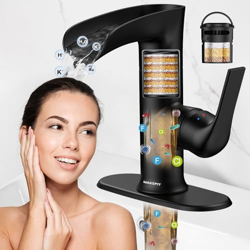 Grifos de baño con filtro de agua incorporado, grifo de lavabo de baño en cascada para una piel más suave y lisa, elimina el cloro, metales pesados, mejora la condición de tu salud, color negro