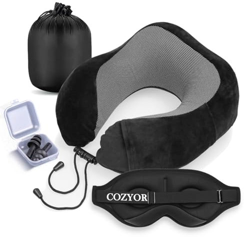 Reiseset 3-tlg: Ohrstöpsel + Schlafmaske + Nackenkissen, kuschelig weich & kompakt, verstellbares Nackenhörnchen Memory Foam, Augenmaske 100% dunkel leichtes Set für Flugzeug, für Kinder & Erwachsene