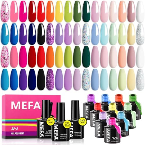 MEFA 35Pcs Summer Gel Nail Polish Set, 32 Colors All Seasons Gel Bright Nail Polish Kit with Base Coat No Wipe Glossy& Matte Top Coat Pink Yellow Blue Red Nail Art Manicure DIY Salon Home Gifts