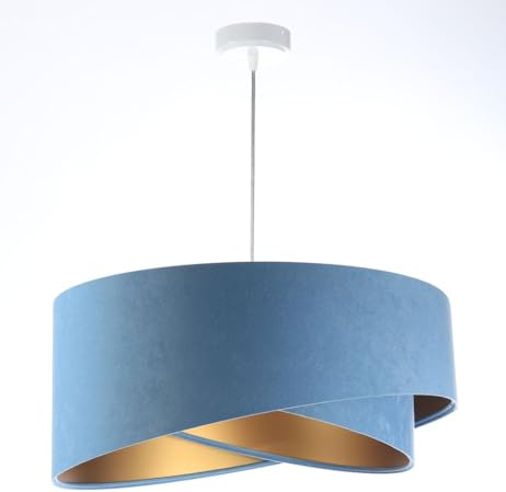 Licht-Erlebnisse Pendelleuchte Blau Gold E27 rund D: 50 cm Stoff Velours Optik Doppelschirm Modern Hängeleuchte Wohnzimmer Hängelampe Schlafzimmer