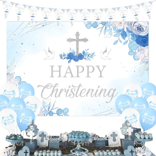 Sursurprise Taufdekorationen Blau für Jungen, Happy Taufe Hintergrund, On Your Christening Day Banner, First Holy Communion Baby Shower Taufe Party Supplies