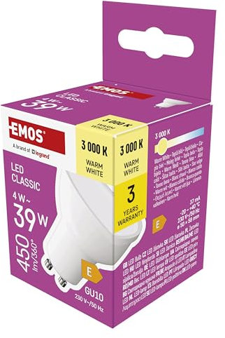 EMOS LED Lampe Spot, MR16 mit GU10 Sockel, 4W Ersatz für 39W Halogenlampe, Helligkeit 450 lm, Warmweiß 3000 K, 30000 h Lebensdauer, CRI min. 80, 100° Abstrahlwinkel, weiße Farbe
