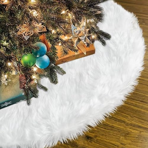 Gonna per Albero di Natale, 90cm Bianca Finta Pelliccia Tappeto Gonne per Alberi di Natale per Sotto Albero di Natale Decorazione Natalizia