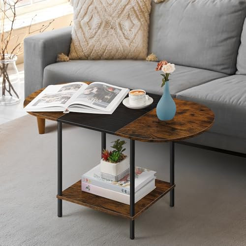 OYEAL Kleiner runder Couchtisch für Wohnzimmer, Bauernhaus, ovaler Mitteltisch, runder Couchtisch mit 2-lagigem Stauraum und offenem Regal für Display, kleiner Raum, Heimbüro, Schwarz und Braun