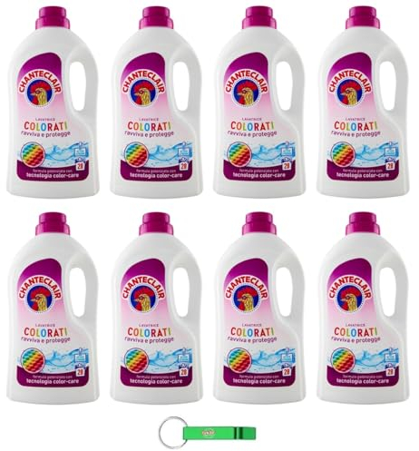 8 x Chanteclair Lavatrice Colorati - Detersivo liquido per lavatrice - Detersivo per capi colorati 28 lavaggi 1260 ml + portachiavi Beni Culinari