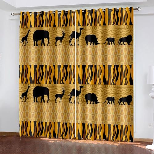 Vorhang Blickdicht Afrika Vorhänge Retro-Afrikanische Tiere Gardinen Wohnzimmer Schlafzimmer Verdunklungsvorhänge Thermovorhang 3D Druck Schallschutz Vorhang mit Ösen 2er Set B 140 x H 175 cm a2748