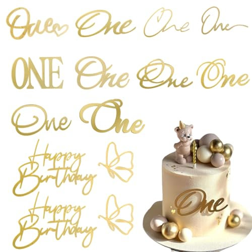 Demarsen Pack of 10 Cake Toppers for 1 Birthday - One Cake Decoration with 2 Happy Birthday Decorations, Gold Acrylic Cake Topper for Baby Boy Girl Party Anniversary Celebration