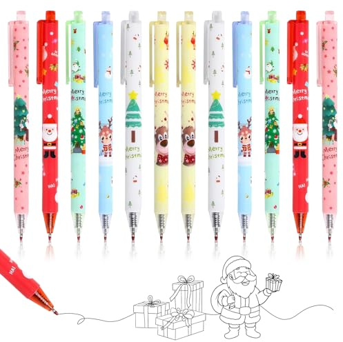 Penne Natalizie, 12 Pezzi Penne a Sfera con Inchiostro Gel Natalizie per Bambini, Penne a Inchiostro Gel Natalizie, Penna a Sfera Retrattile Albero di Natale per Natale, penna a tema natalizio