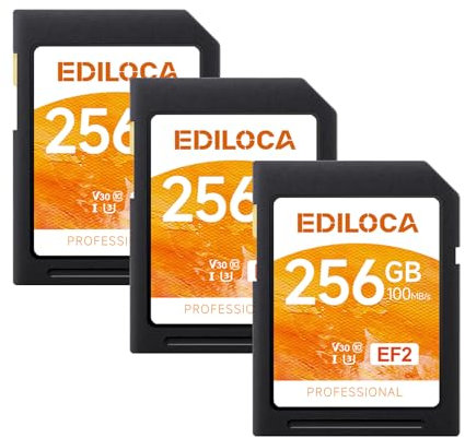 Ediloca Scheda SD da 256GB EF2, 3 Pack,fino a 100MB/s in Lettura, UHS-I, C10, U3, V30, video Full HD e 4K, scheda di memoria, scheda SD per fotocamera, indispensabile per fotografi professionisti