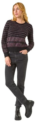Roman Originals Fluffy Yarn Jumper for Women UK Ladies Thick Sweater Warm Cosy Chunky Knitted Pullover Winter Furry Casual Smart Textured Everyday Cuddly Soft Knitwear - Noir Multi - Size 14