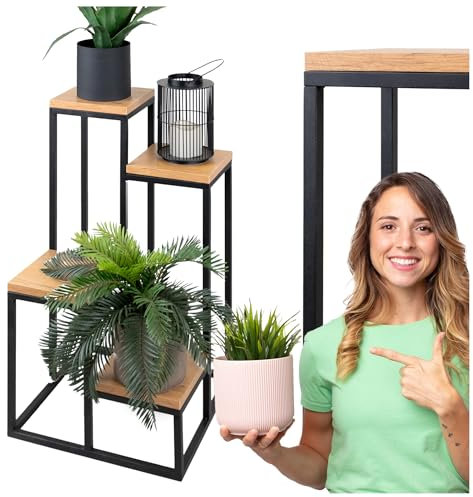 e-floor Pflanzenständer aus Metall, Blumenständer für den Innenbereich, 4-stufiges Pflanzenregal, Blumentreppe, dekoratives Loft-Design, Pflanzentisch, 38 x 38 x 70 cm (schwarz - Holzoptik)