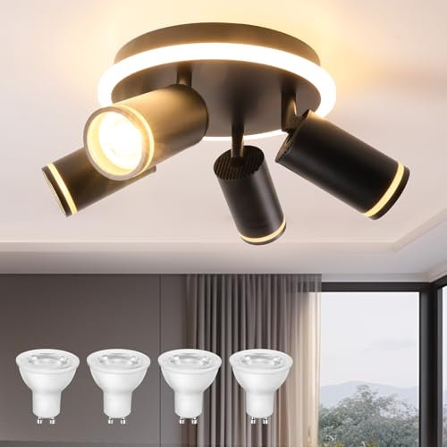 URing Deckenstrahler 4 Flammig Rund - LED Deckenleuchte Schwenkbar - mit Unteres Glühen 8W+4x5W GU10 - Modern Deckenlampe Strahler Schwarz - 3000K Warmweiß Strahler Deckenspot für Wohnzimmer, Küche